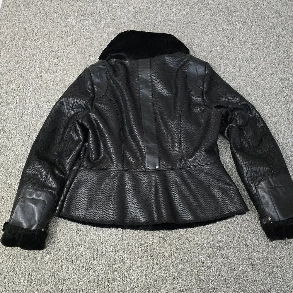 VTG Cache Faux Snakeskin Shimmer Leather Fur Trim Zip Jacket Womens‎ L